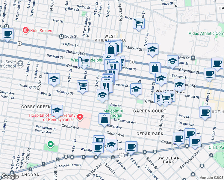 map of restaurants, bars, coffee shops, grocery stores, and more near 269 South 52nd Street in Philadelphia