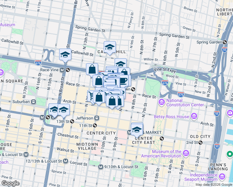 map of restaurants, bars, coffee shops, grocery stores, and more near 1001 Race Street in Philadelphia