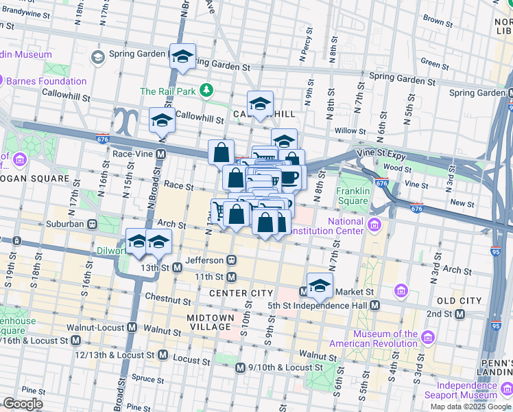 map of restaurants, bars, coffee shops, grocery stores, and more near 1001 Race Street in Philadelphia