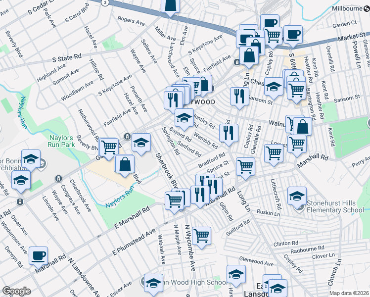 map of restaurants, bars, coffee shops, grocery stores, and more near 295 Madeira Road in Delaware County