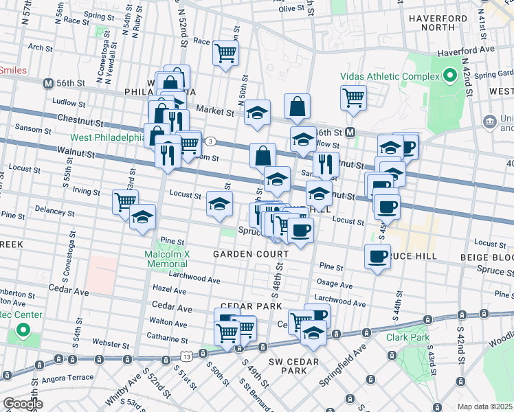 map of restaurants, bars, coffee shops, grocery stores, and more near S 49th St & Locust St in Philadelphia