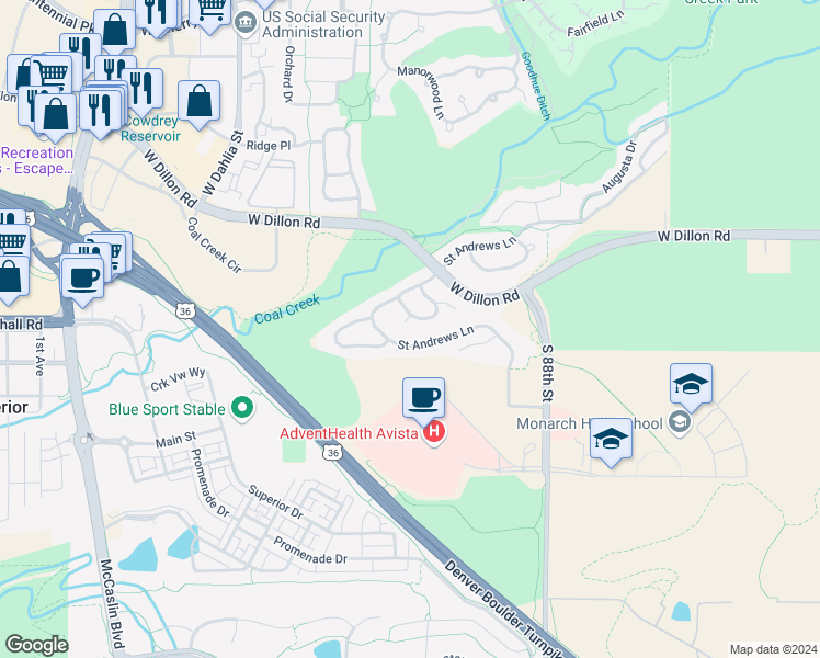 map of restaurants, bars, coffee shops, grocery stores, and more near 461 Muirfield Circle in Louisville