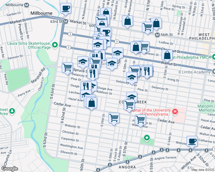 map of restaurants, bars, coffee shops, grocery stores, and more near 5901 Pine Street in Philadelphia