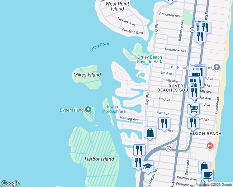 map of restaurants, bars, coffee shops, grocery stores, and more near 27 6th Terrace in Seaside Heights