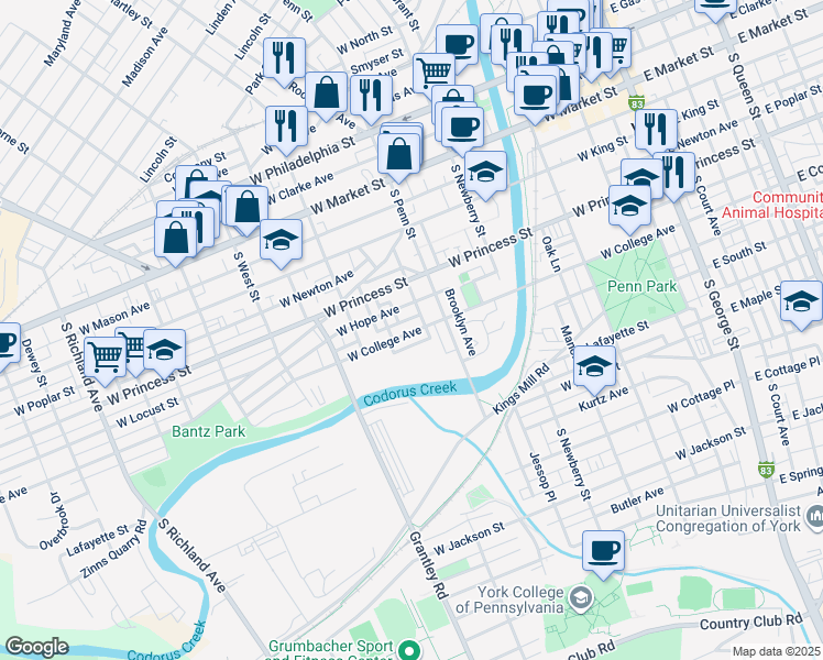 map of restaurants, bars, coffee shops, grocery stores, and more near 435 West College Avenue in York