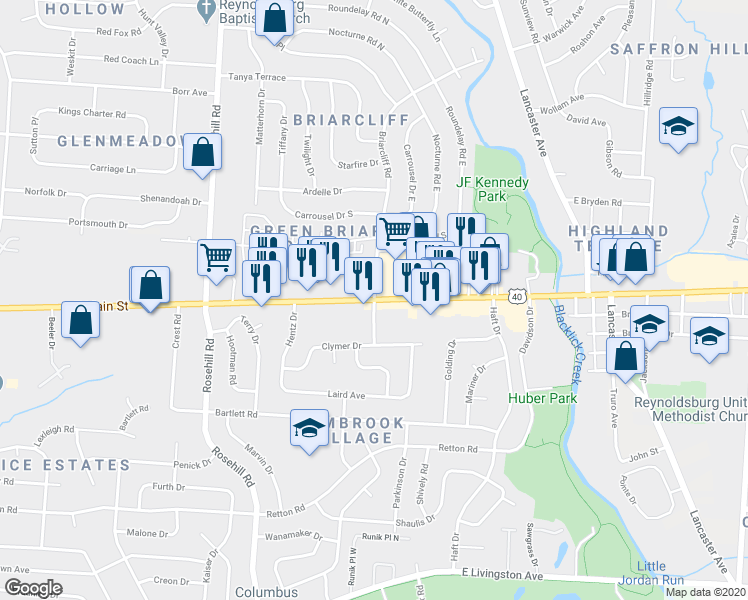 map of restaurants, bars, coffee shops, grocery stores, and more near East Main Street & Briarcliff Road in Reynoldsburg