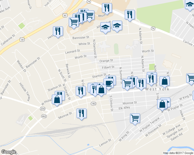 map of restaurants, bars, coffee shops, grocery stores, and more near 131 North Diamond Street in York