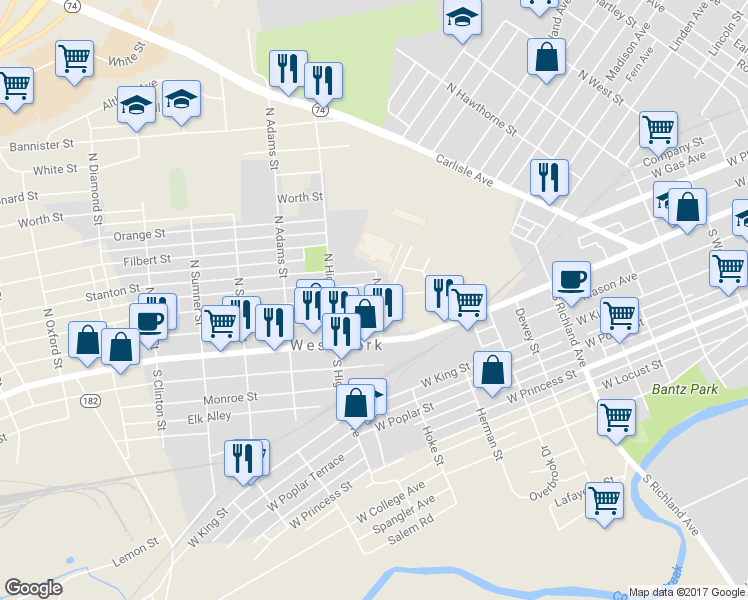 map of restaurants, bars, coffee shops, grocery stores, and more near 1302 West Philadelphia Street in West York