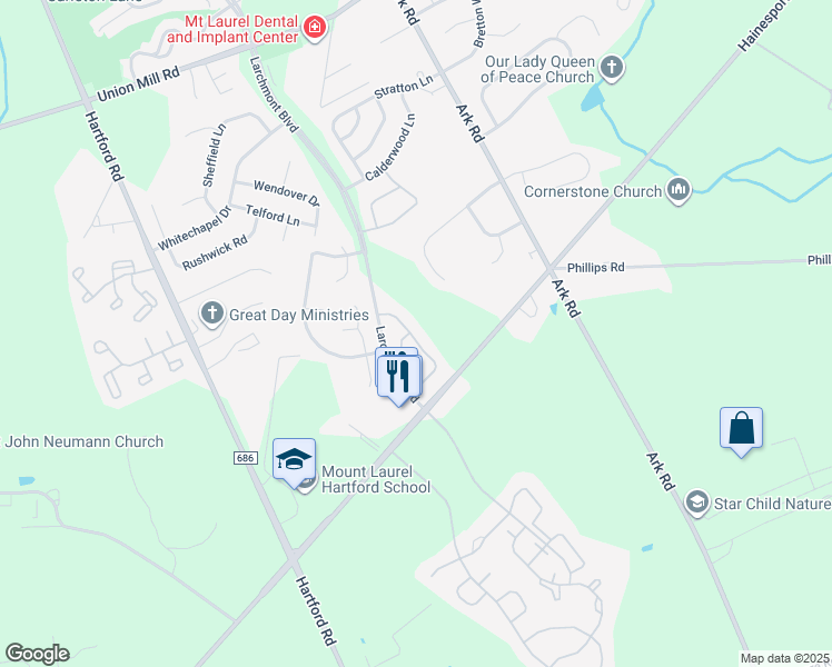 map of restaurants, bars, coffee shops, grocery stores, and more near 704B Ralston Drive in Mount Laurel Township