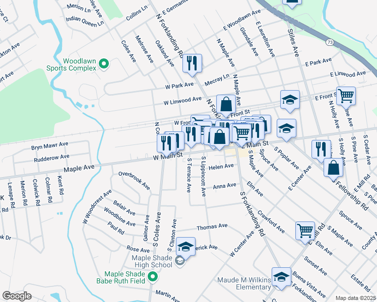 map of restaurants, bars, coffee shops, grocery stores, and more near 14 North Terrace Avenue in Maple Shade