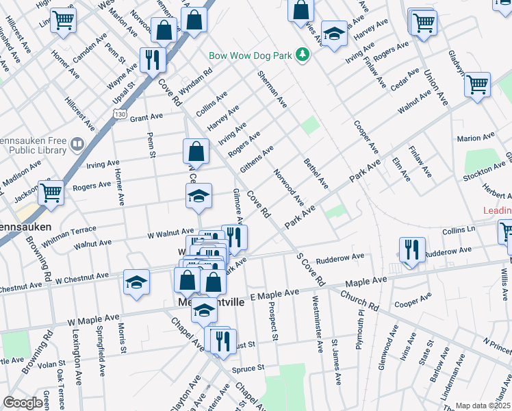 map of restaurants, bars, coffee shops, grocery stores, and more near 110 North Cove Road in Merchantville