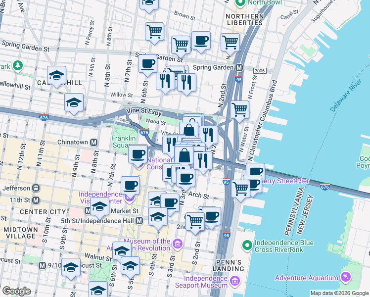 map of restaurants, bars, coffee shops, grocery stores, and more near 318 New Street in Philadelphia