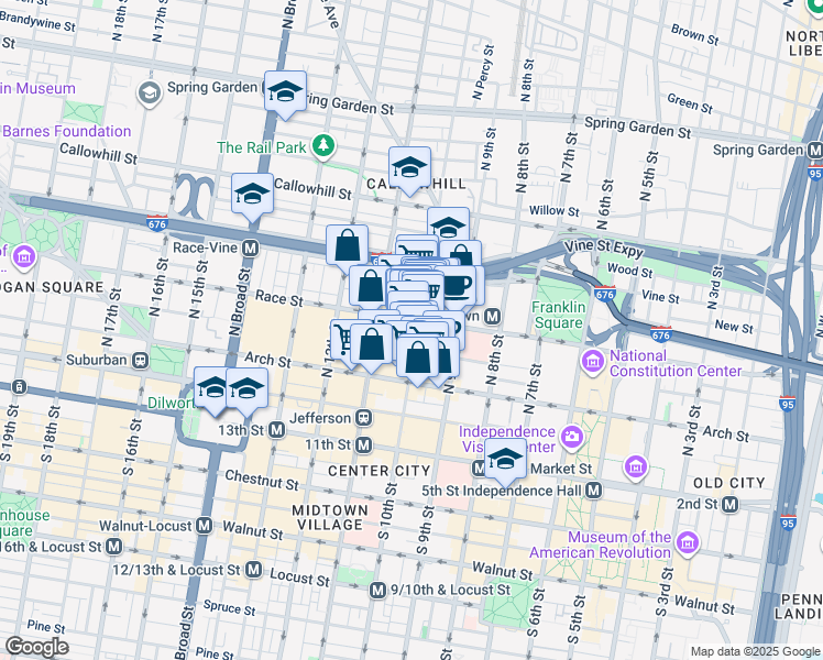 map of restaurants, bars, coffee shops, grocery stores, and more near 150 North 10th Street in Philadelphia