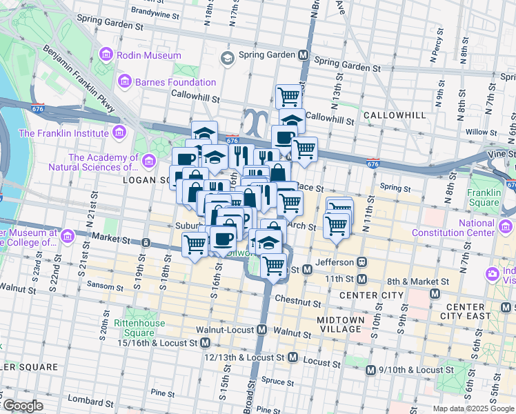map of restaurants, bars, coffee shops, grocery stores, and more near in MIDDLE CITY EAST