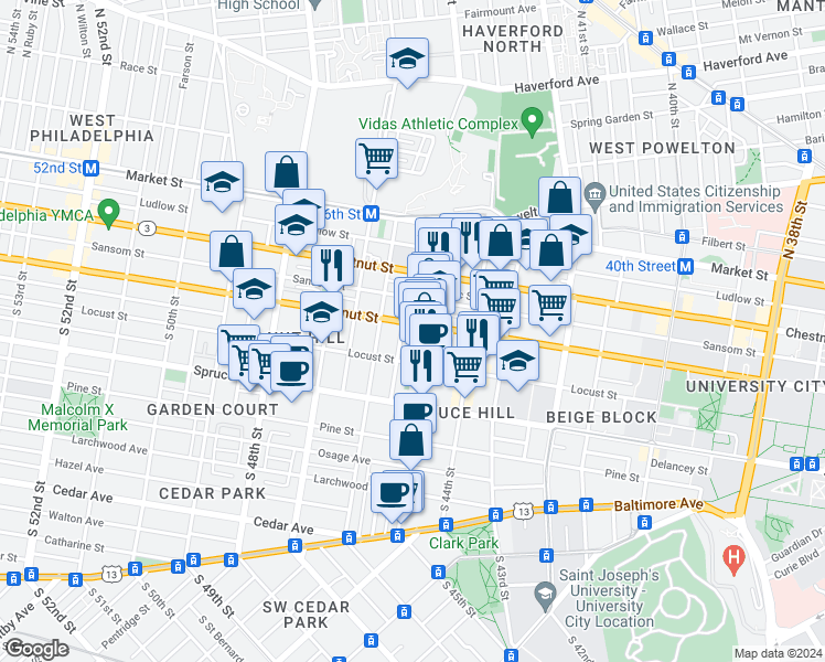 map of restaurants, bars, coffee shops, grocery stores, and more near 4528 Walnut Street in Philadelphia