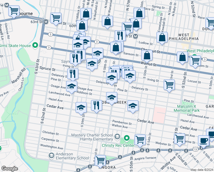 map of restaurants, bars, coffee shops, grocery stores, and more near 5729 Delancey Street in Philadelphia