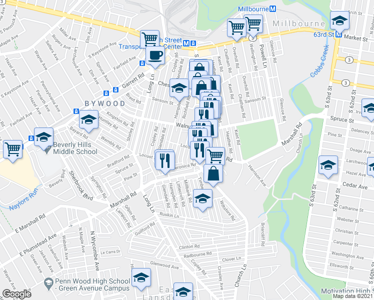 map of restaurants, bars, coffee shops, grocery stores, and more near 249 Maypole Road in Delaware County