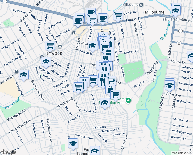 map of restaurants, bars, coffee shops, grocery stores, and more near 319 Maypole Road in Delaware County