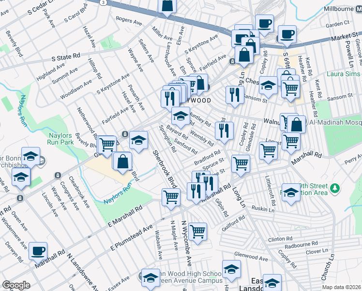 map of restaurants, bars, coffee shops, grocery stores, and more near 295 Madeira Road in Delaware County