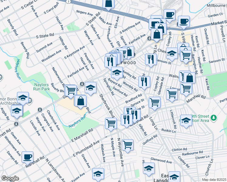 map of restaurants, bars, coffee shops, grocery stores, and more near 516 Timberlake Road in Upper Darby