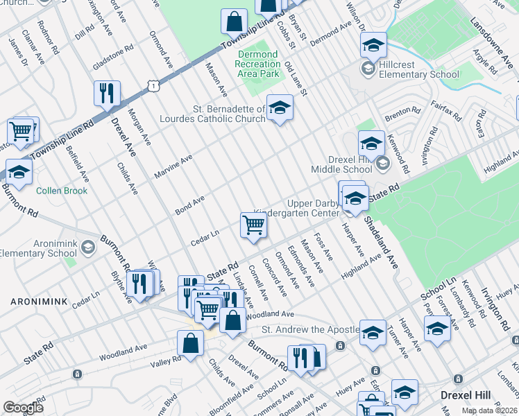 map of restaurants, bars, coffee shops, grocery stores, and more near 904 Edmonds Avenue in Drexel Hill