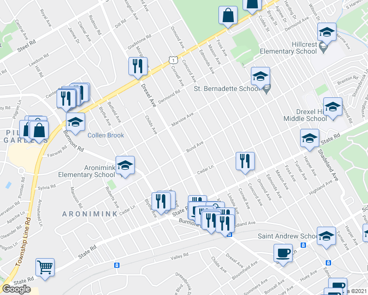 map of restaurants, bars, coffee shops, grocery stores, and more near 1021 Drexel Avenue in Drexel Hill