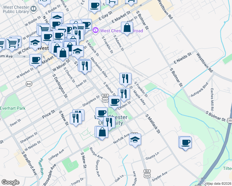 map of restaurants, bars, coffee shops, grocery stores, and more near 508 Keystone Alley in West Chester