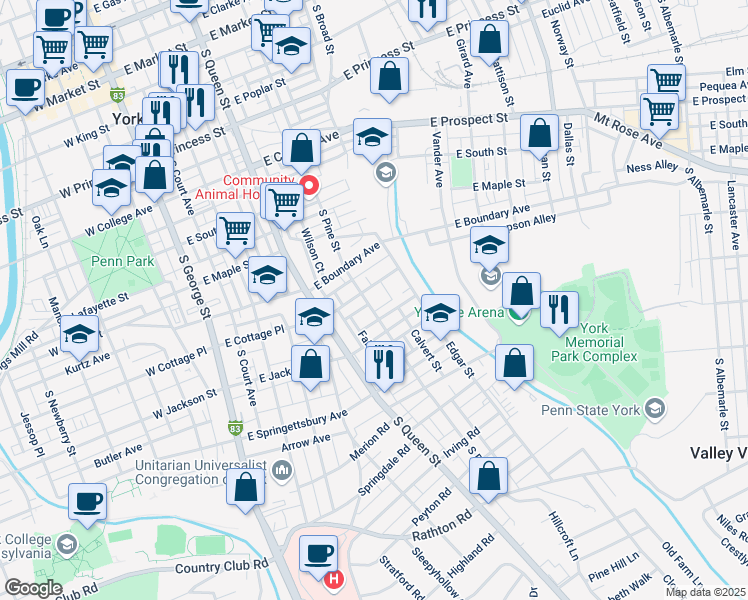 map of restaurants, bars, coffee shops, grocery stores, and more near 330 East Cottage Place in York