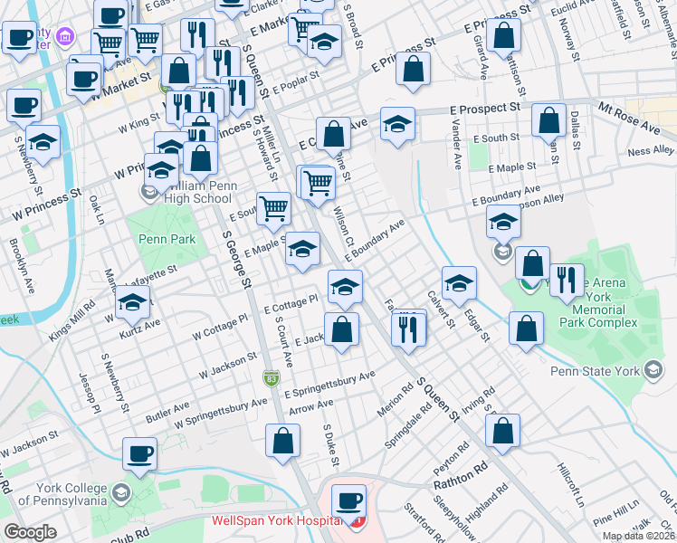 map of restaurants, bars, coffee shops, grocery stores, and more near 601 South Queen Street in York