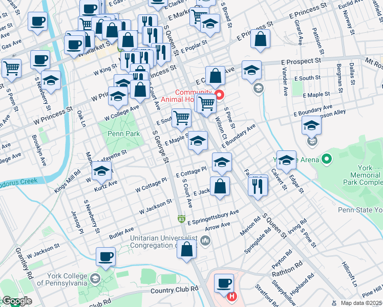 map of restaurants, bars, coffee shops, grocery stores, and more near 526 South Duke Street in York