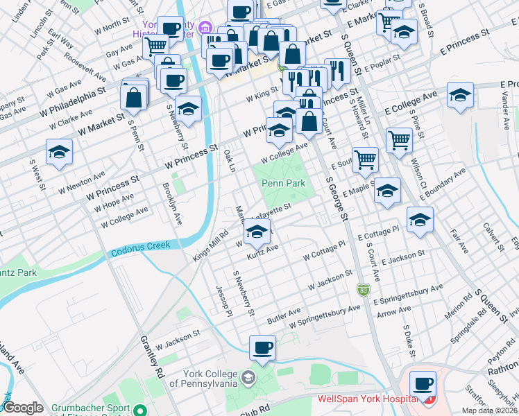 map of restaurants, bars, coffee shops, grocery stores, and more near 363 Oak Lane in York