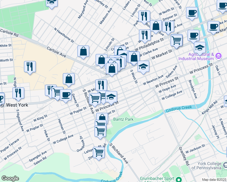 map of restaurants, bars, coffee shops, grocery stores, and more near 47 South Royal Street in York