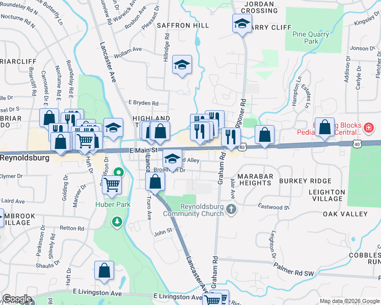 map of restaurants, bars, coffee shops, grocery stores, and more near 7470 U.S. 40 in Reynoldsburg