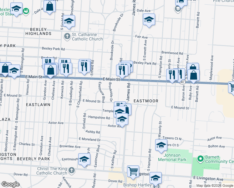 map of restaurants, bars, coffee shops, grocery stores, and more near 758 Brookside Drive in Columbus