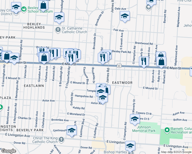 map of restaurants, bars, coffee shops, grocery stores, and more near 758 Brookside Drive in Columbus
