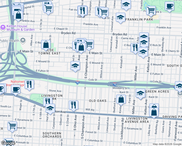 map of restaurants, bars, coffee shops, grocery stores, and more near 486 South Champion Avenue in Columbus