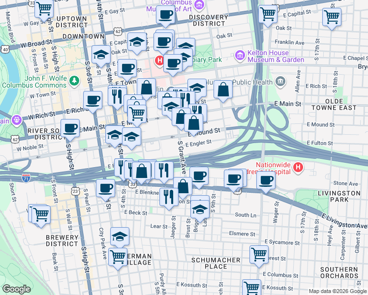map of restaurants, bars, coffee shops, grocery stores, and more near 374 East Engler Street in Columbus