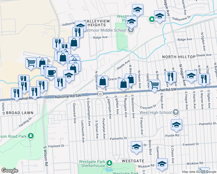 map of restaurants, bars, coffee shops, grocery stores, and more near 41 North Brinker Avenue in Columbus