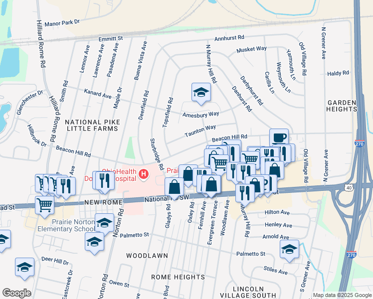 map of restaurants, bars, coffee shops, grocery stores, and more near 4991 Taunton Way in Columbus