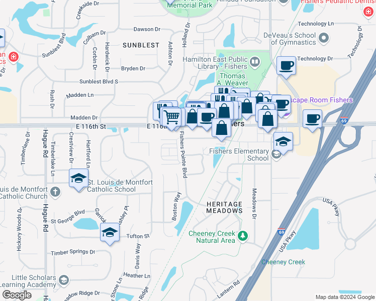 map of restaurants, bars, coffee shops, grocery stores, and more near 8409 Fishers Center Drive in Fishers