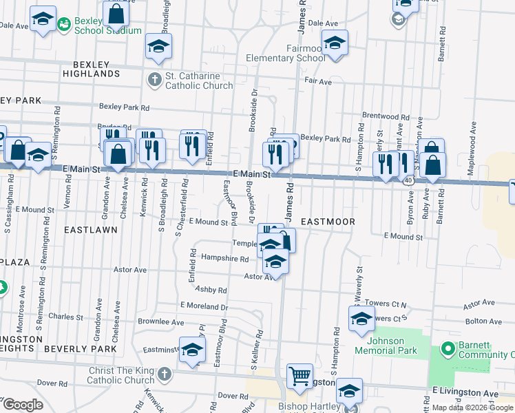 map of restaurants, bars, coffee shops, grocery stores, and more near 758 Brookside Drive in Columbus