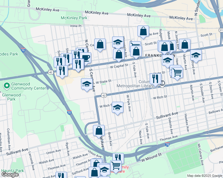 map of restaurants, bars, coffee shops, grocery stores, and more near 119 Dana Avenue in Columbus
