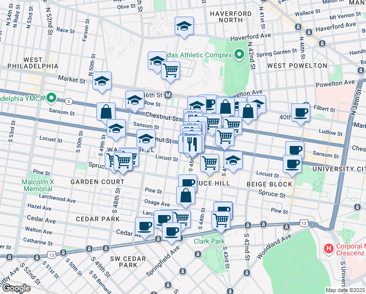 map of restaurants, bars, coffee shops, grocery stores, and more near 4520 Walnut Street in Philadelphia