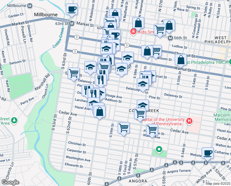 map of restaurants, bars, coffee shops, grocery stores, and more near 5906 Pine Street in Philadelphia