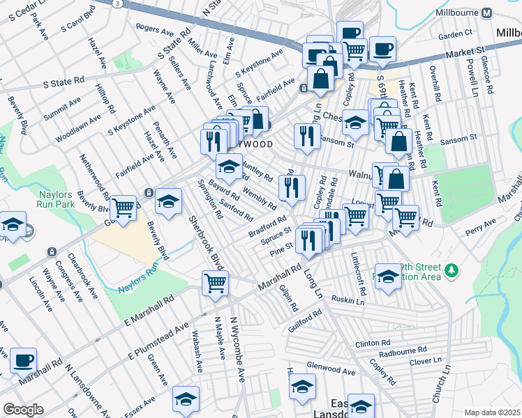 map of restaurants, bars, coffee shops, grocery stores, and more near 213 Bayard Road in Upper Darby