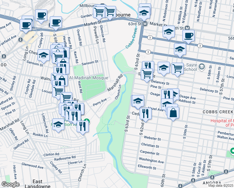 map of restaurants, bars, coffee shops, grocery stores, and more near 6617 Church Lane in Upper Darby