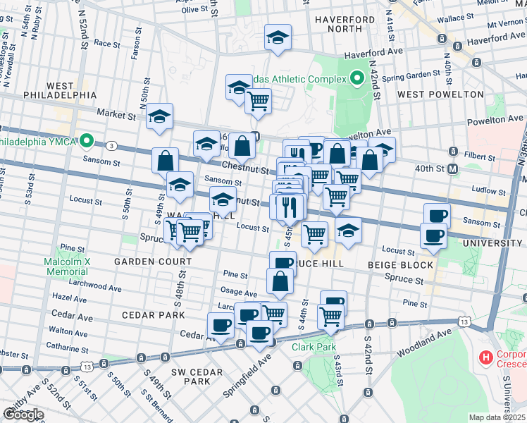 map of restaurants, bars, coffee shops, grocery stores, and more near 207 South 46th Street in Philadelphia