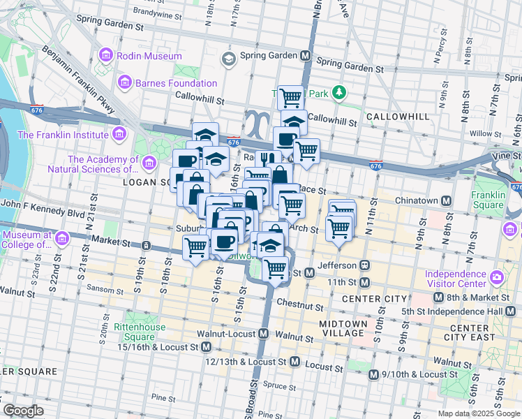 map of restaurants, bars, coffee shops, grocery stores, and more near 117 North 15th Street in Philadelphia