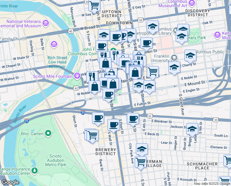 map of restaurants, bars, coffee shops, grocery stores, and more near 50 East Mound Street in Columbus