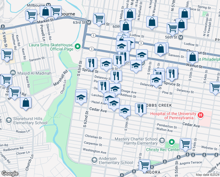 map of restaurants, bars, coffee shops, grocery stores, and more near 6029 Osage Avenue in Philadelphia